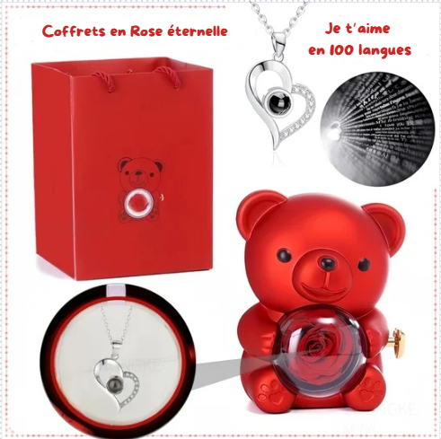 Coffret rotatif Rose éternelle  Ours & collier "je t'aime" en 100 langues