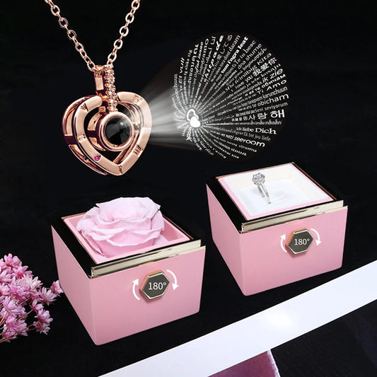 Coffret rotatif Rose éternelle avec collier "Je t'aime" en 100 Langues